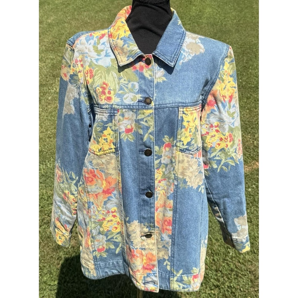 Susan‎ Graver Denim Jacket Womens Medium Multicolor Floral Button Front Casual